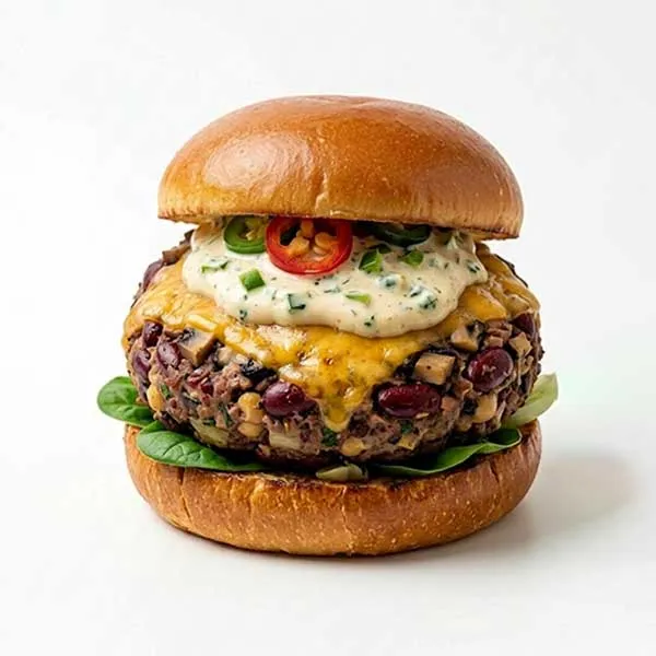 Red Bean and Mushroom Burger with Cheddar & Jalapeño Ranch